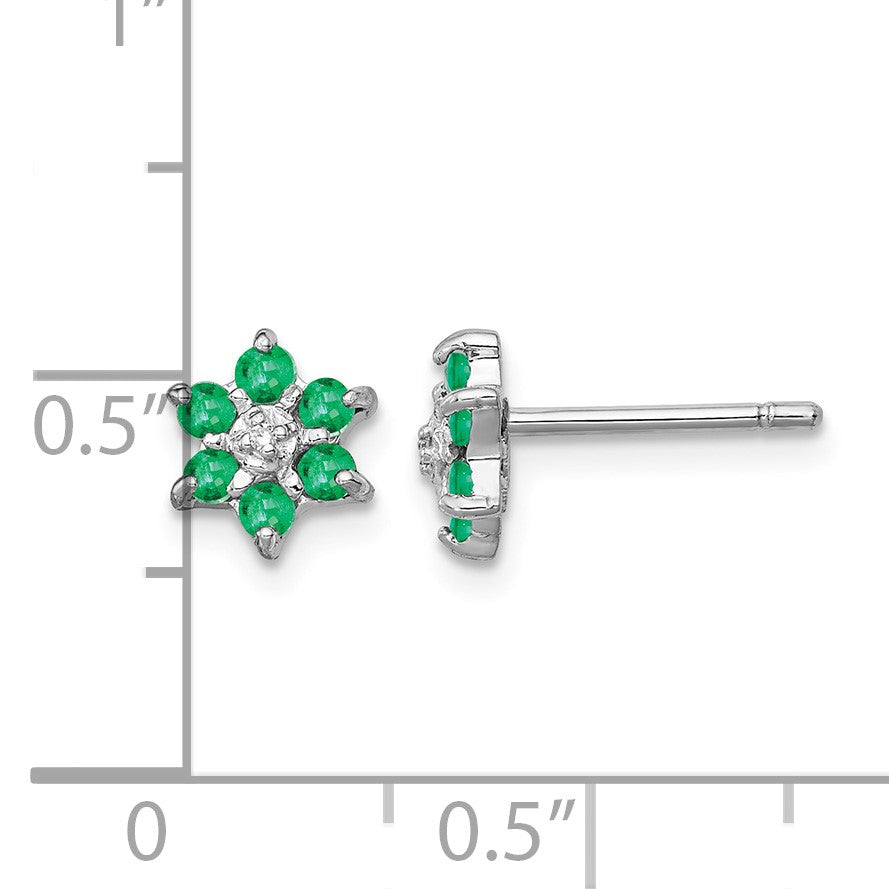 Sterling Silver Rhodium Emerald & Diamond Post Earrings