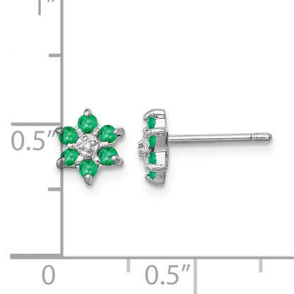 Sterling Silver Rhodium Emerald & Diamond Post Earrings