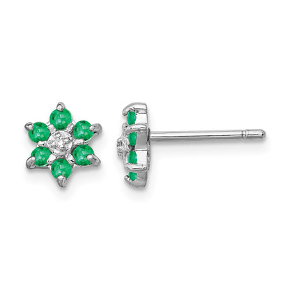 Sterling Silver Rhodium Emerald & Diamond Post Earrings