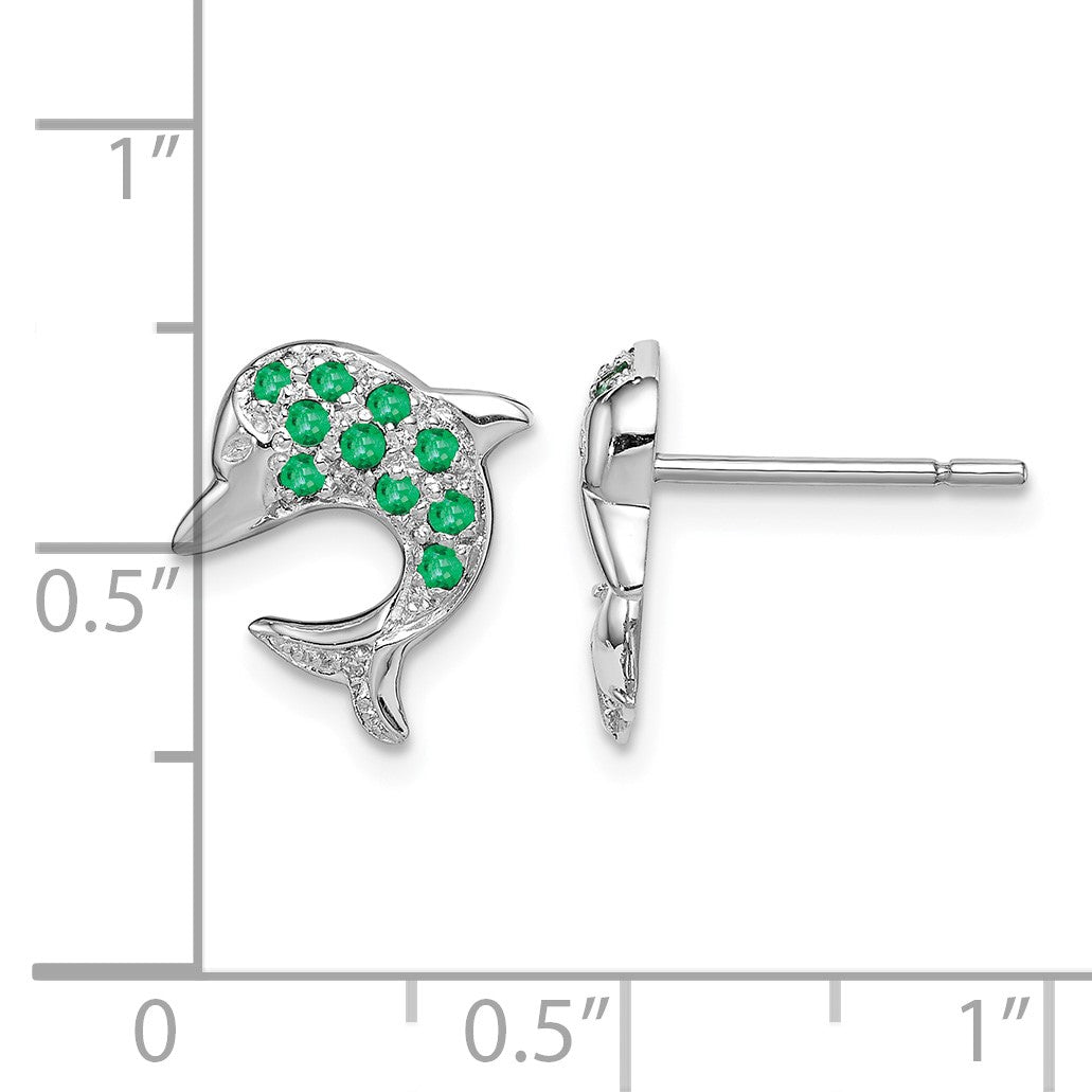 Sterling Silver Rhodium Emerald & Diamond Dolphin Post Earrings