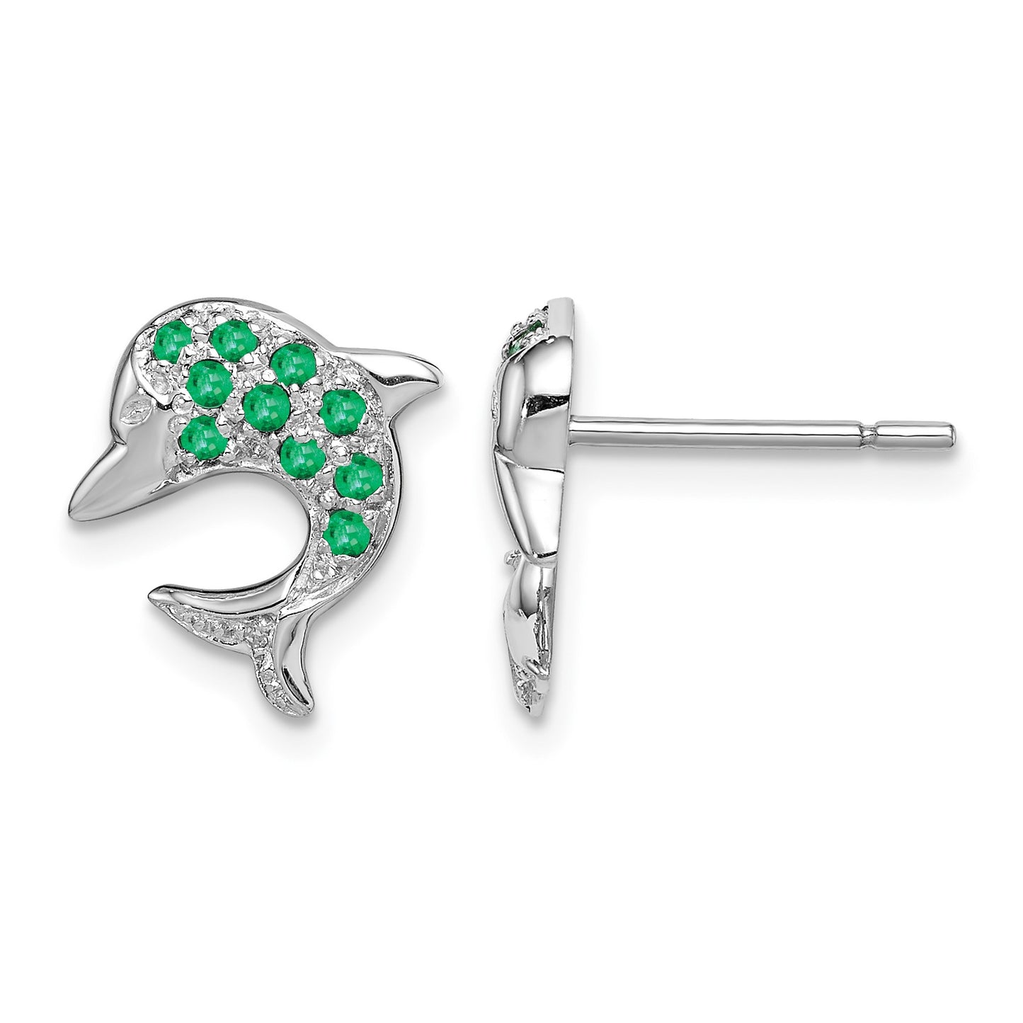 Sterling Silver Rhodium Emerald & Diamond Dolphin Post Earrings