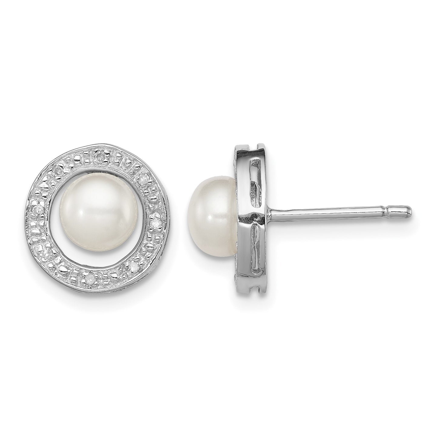 Sterling Silver Rhodium 6mm FW Cultured Pearl & Diamond Post Ear