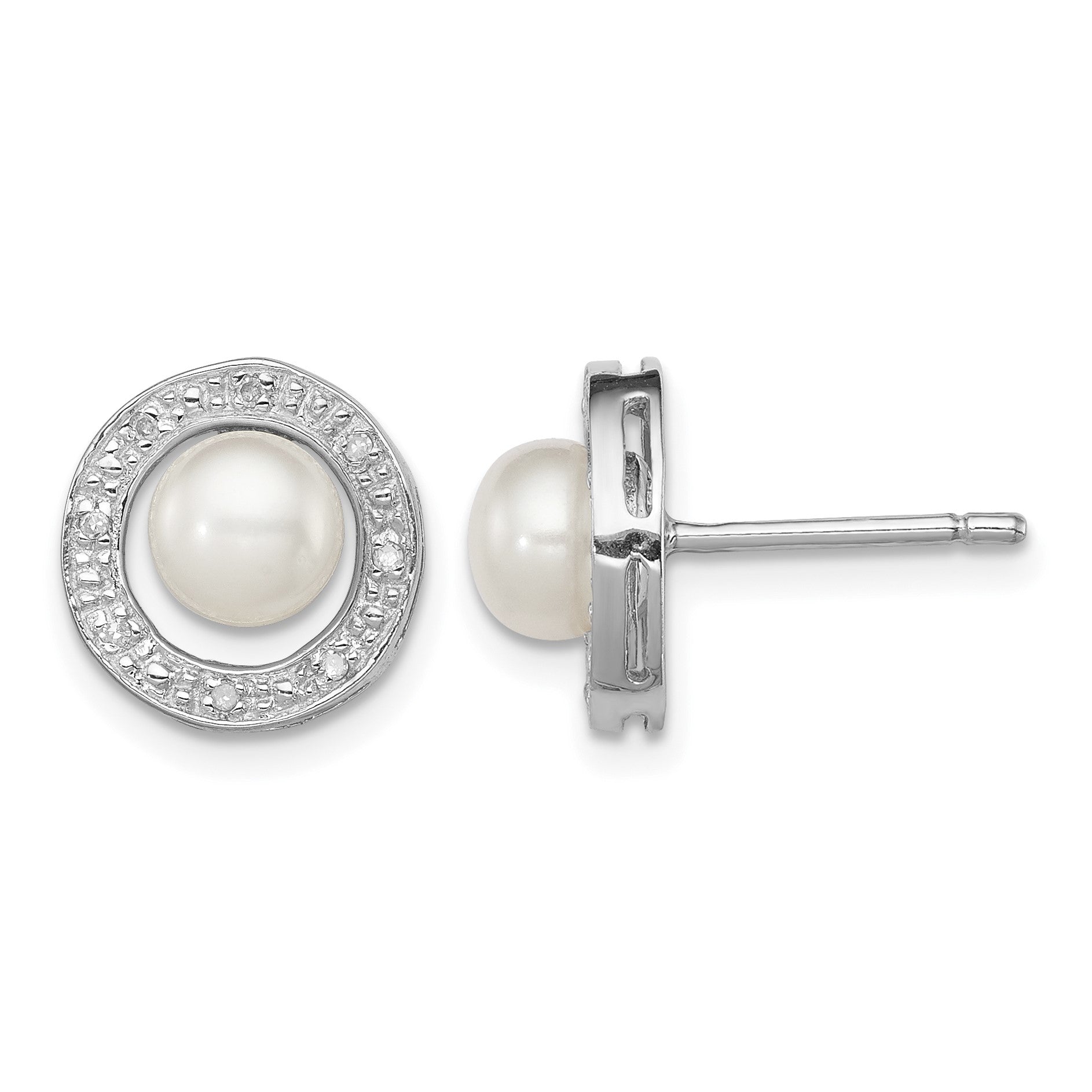 Sterling Silver Rhodium 6mm FW Cultured Pearl & Diamond Post Ear