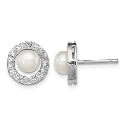 Sterling Silver Rhodium 6mm FW Cultured Pearl & Diamond Post Ear