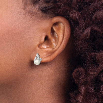 Sterling Silver Rhodium 6mm FW Cultured Pearl & Diamond Post Ear