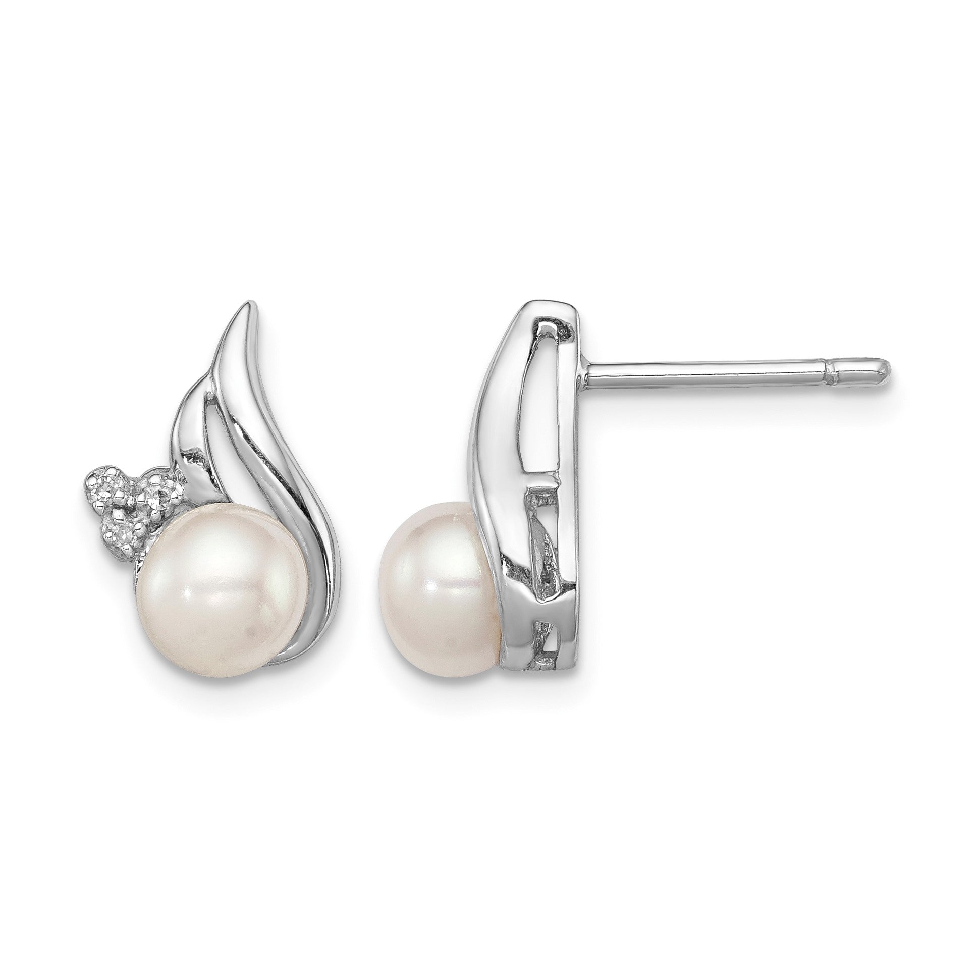 Sterling Silver Rhodium 6mm FW Cultured Pearl & Diamond Post Ear