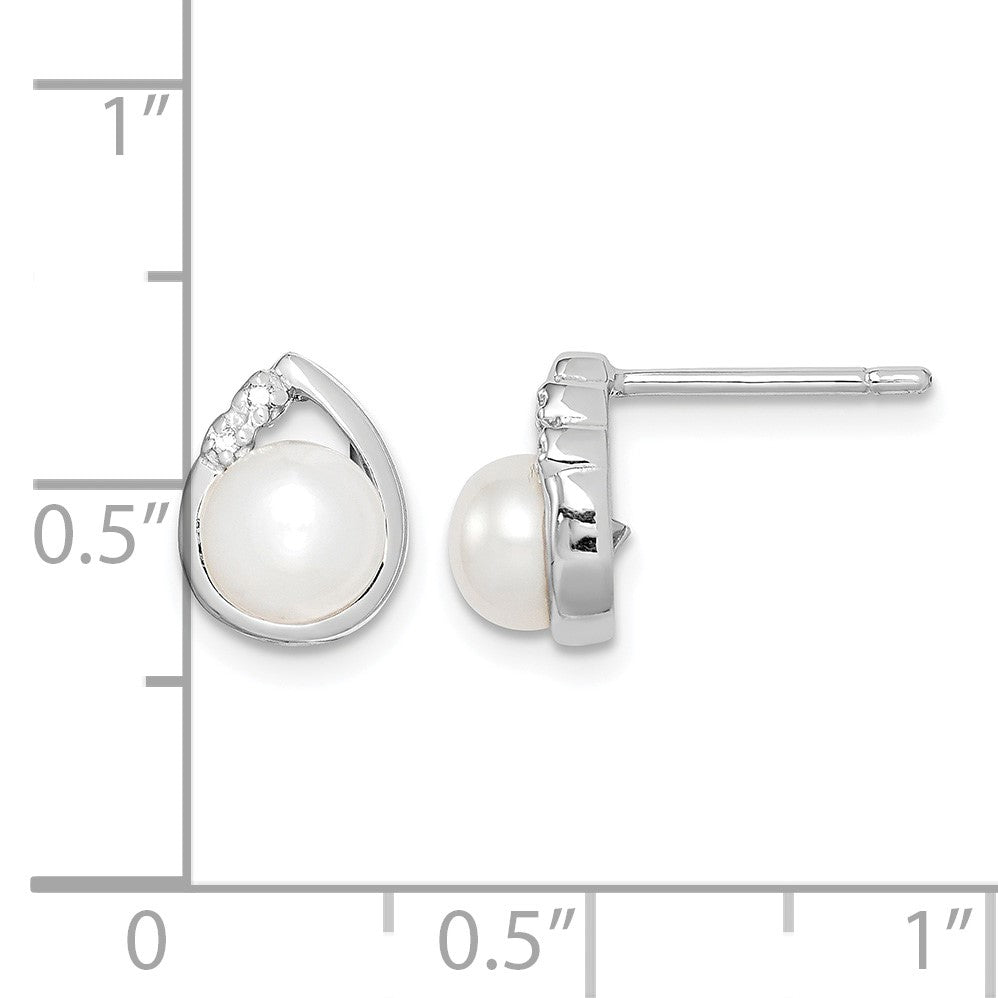 Sterling Silver Rhodium-plated 5mm FW Cultured Pearl & Diamond Post Ear