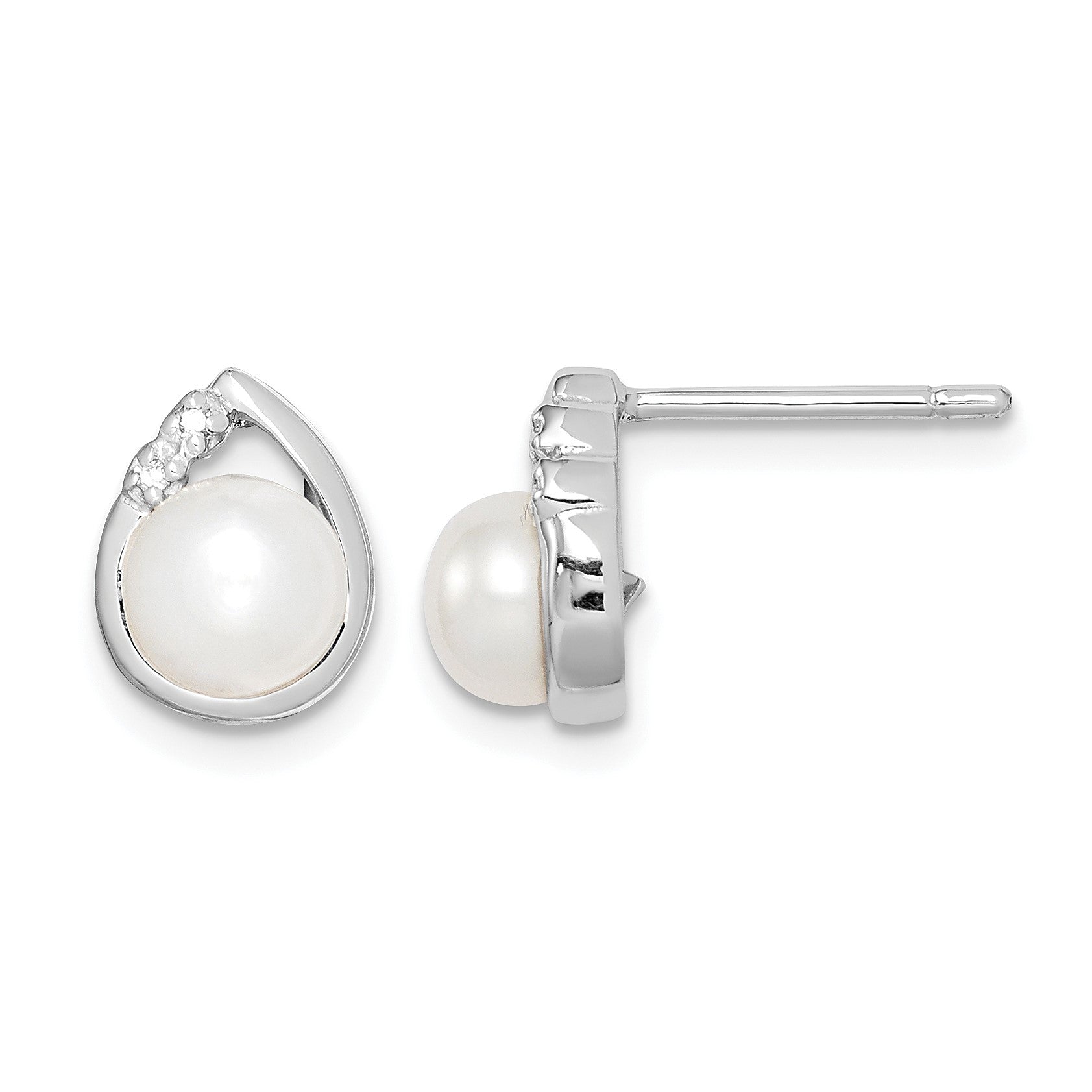 Sterling Silver Rhodium-plated 5mm FW Cultured Pearl & Diamond Post Ear