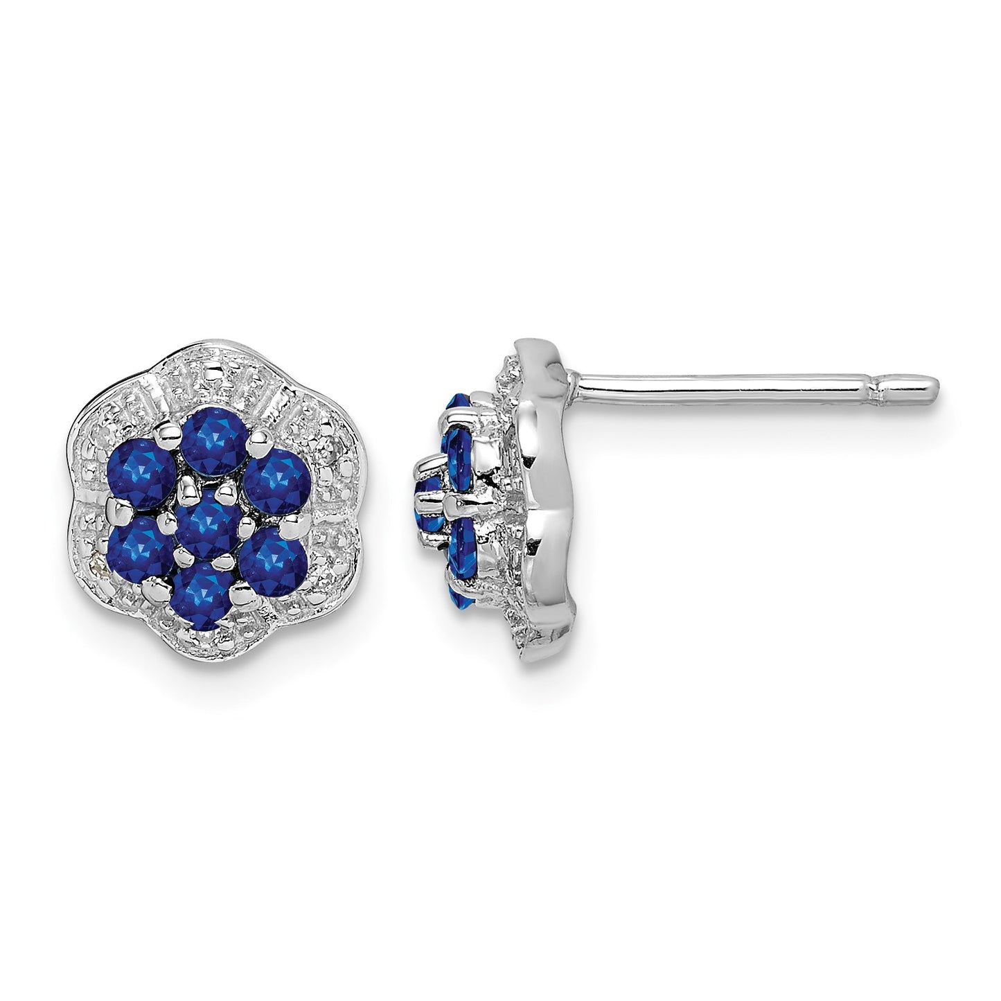 Sterling Silver Rhodium Sapphire & Diamond Post Earrings