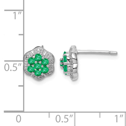 Sterling Silver Rhodium Emerald & Diamond Post Earrings