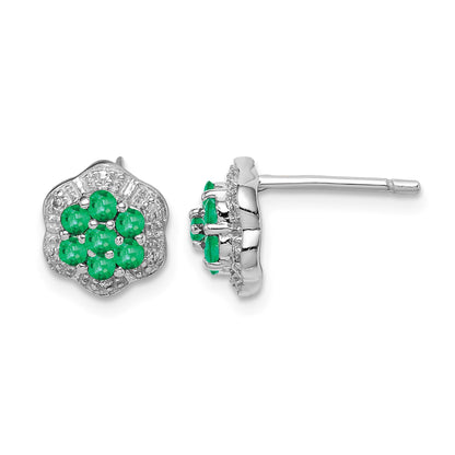 Sterling Silver Rhodium Emerald & Diamond Post Earrings