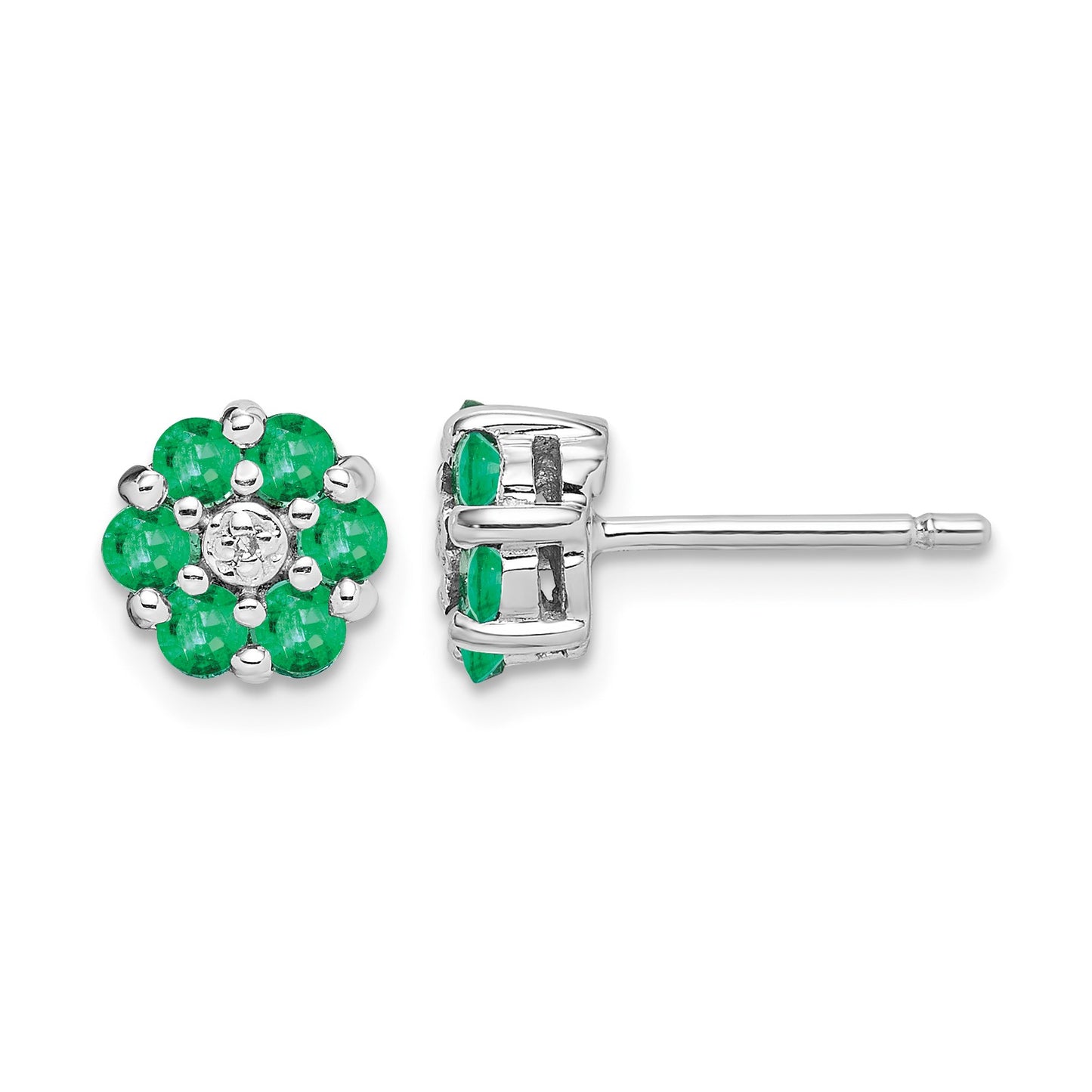 Sterling Silver Rhodium Emerald & Diamond Post Earrings