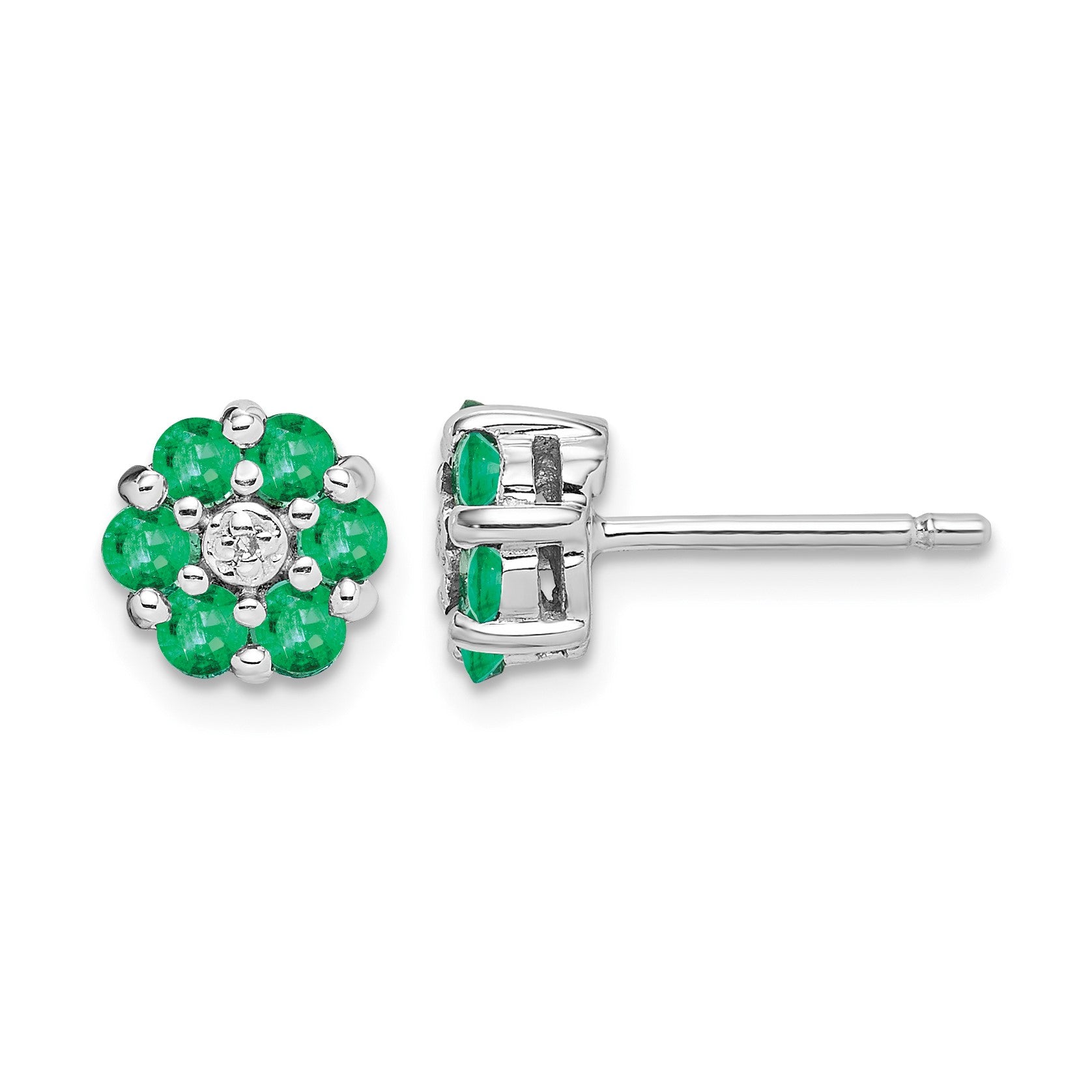 Sterling Silver Rhodium Emerald & Diamond Post Earrings