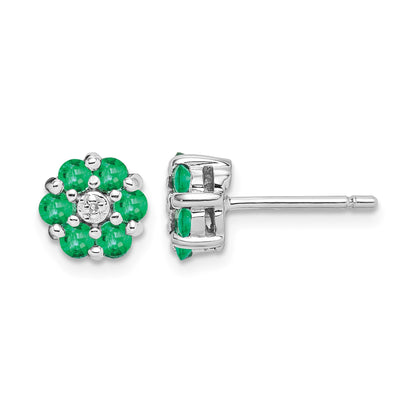 Sterling Silver Rhodium Emerald & Diamond Post Earrings