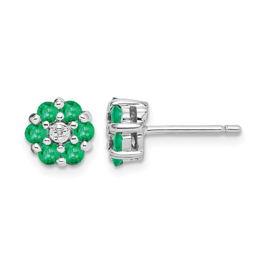 Sterling Silver Rhodium Emerald & Diamond Post Earrings