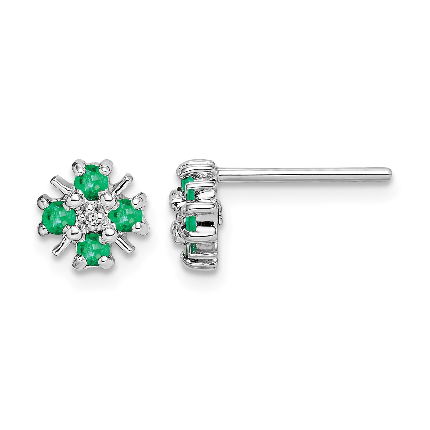 Sterling Silver Rhodium Emerald & Diamond Post Earrings