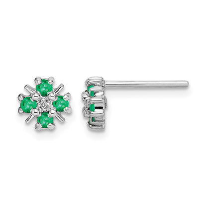 Sterling Silver Rhodium Emerald & Diamond Post Earrings