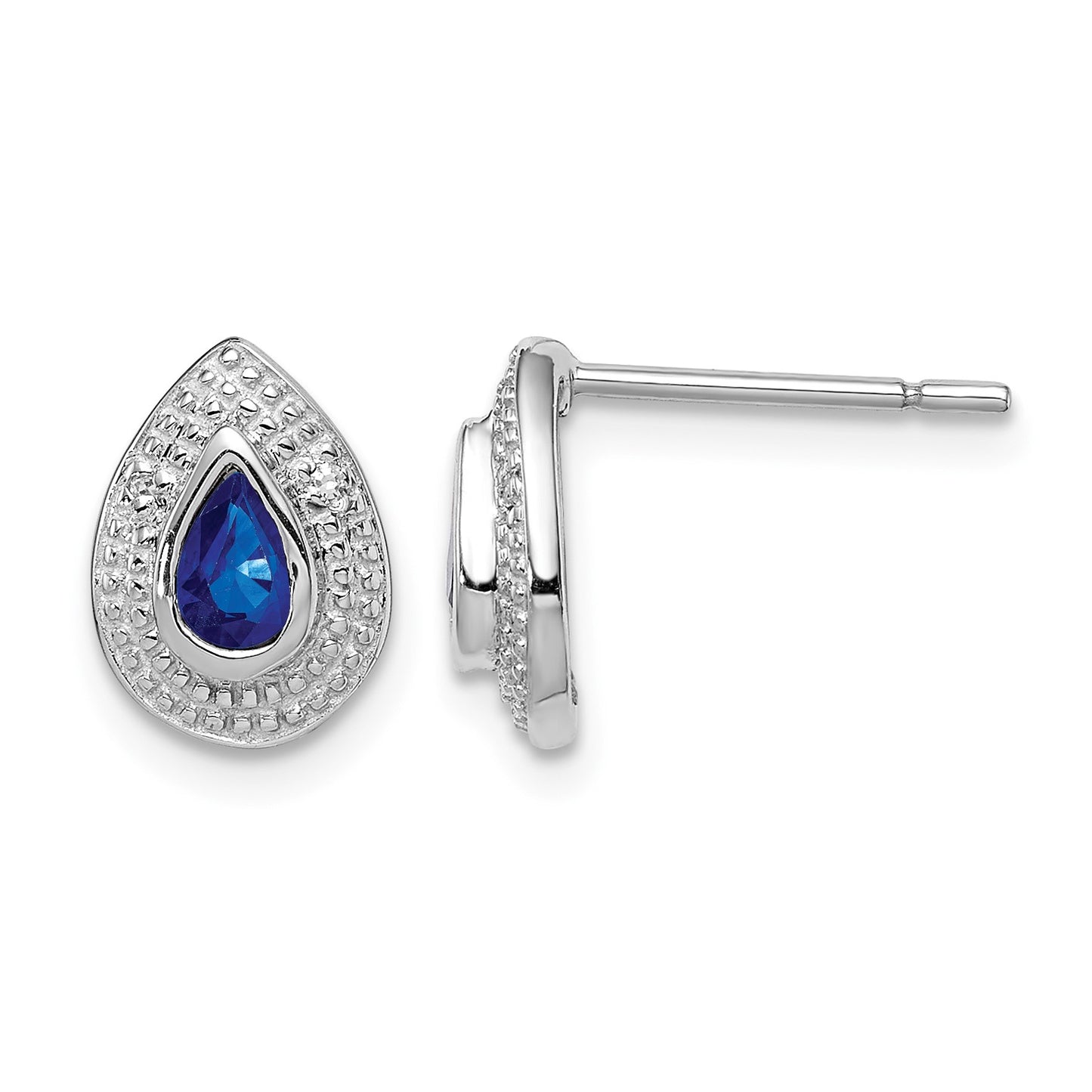 Sterling Silver Rhodium Dark Sapphire & Diamond Post Earrings