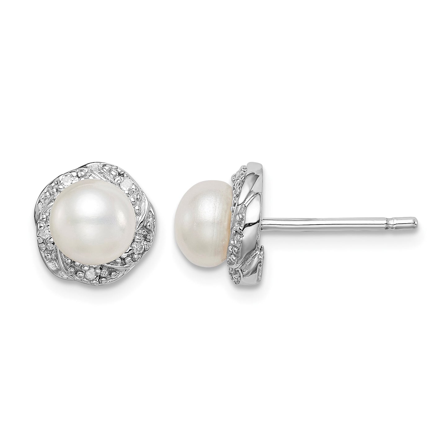 Sterling Silver Rhodium FW Cultured Pearl & Diamond Post Earrings