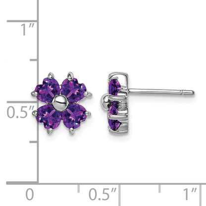 Sterling Silver Rhodium Plated Amethyst Flower Post Earrings