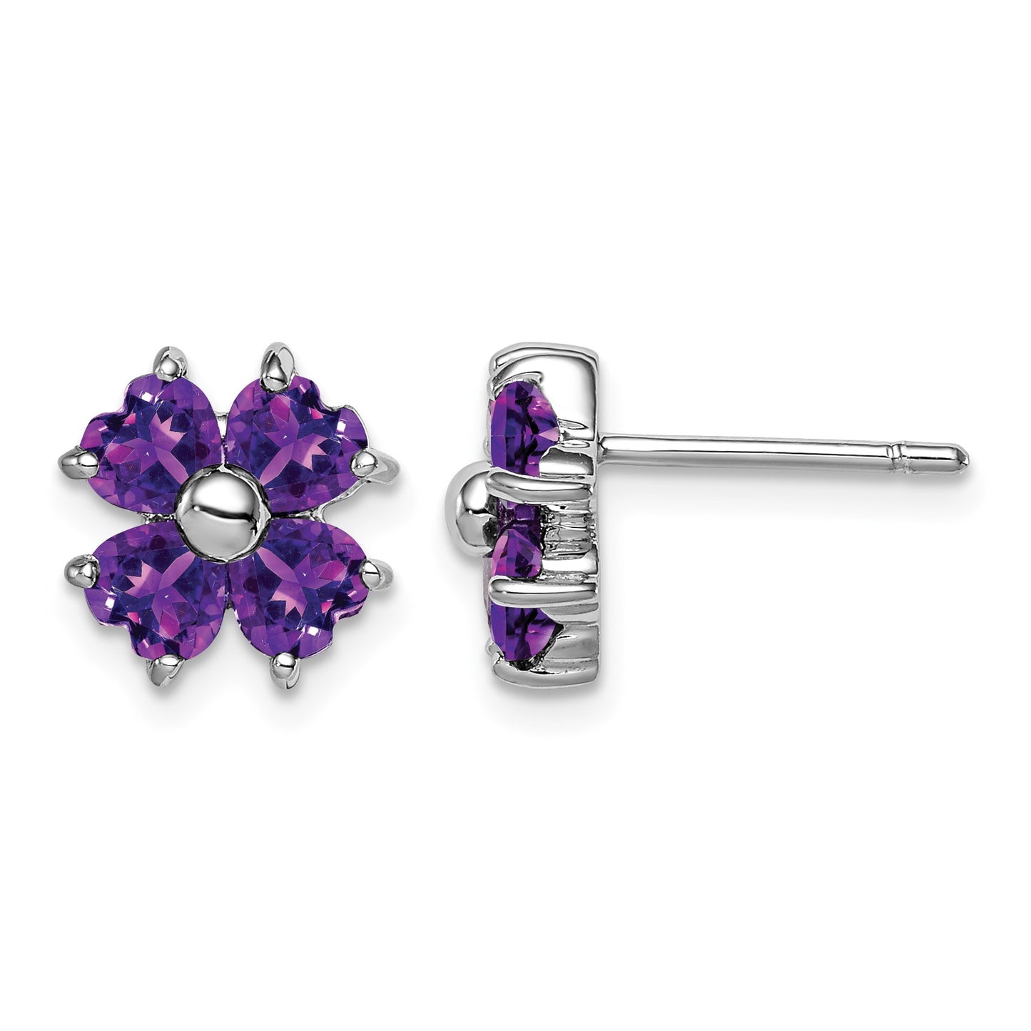Sterling Silver Rhodium Plated Amethyst Flower Post Earrings