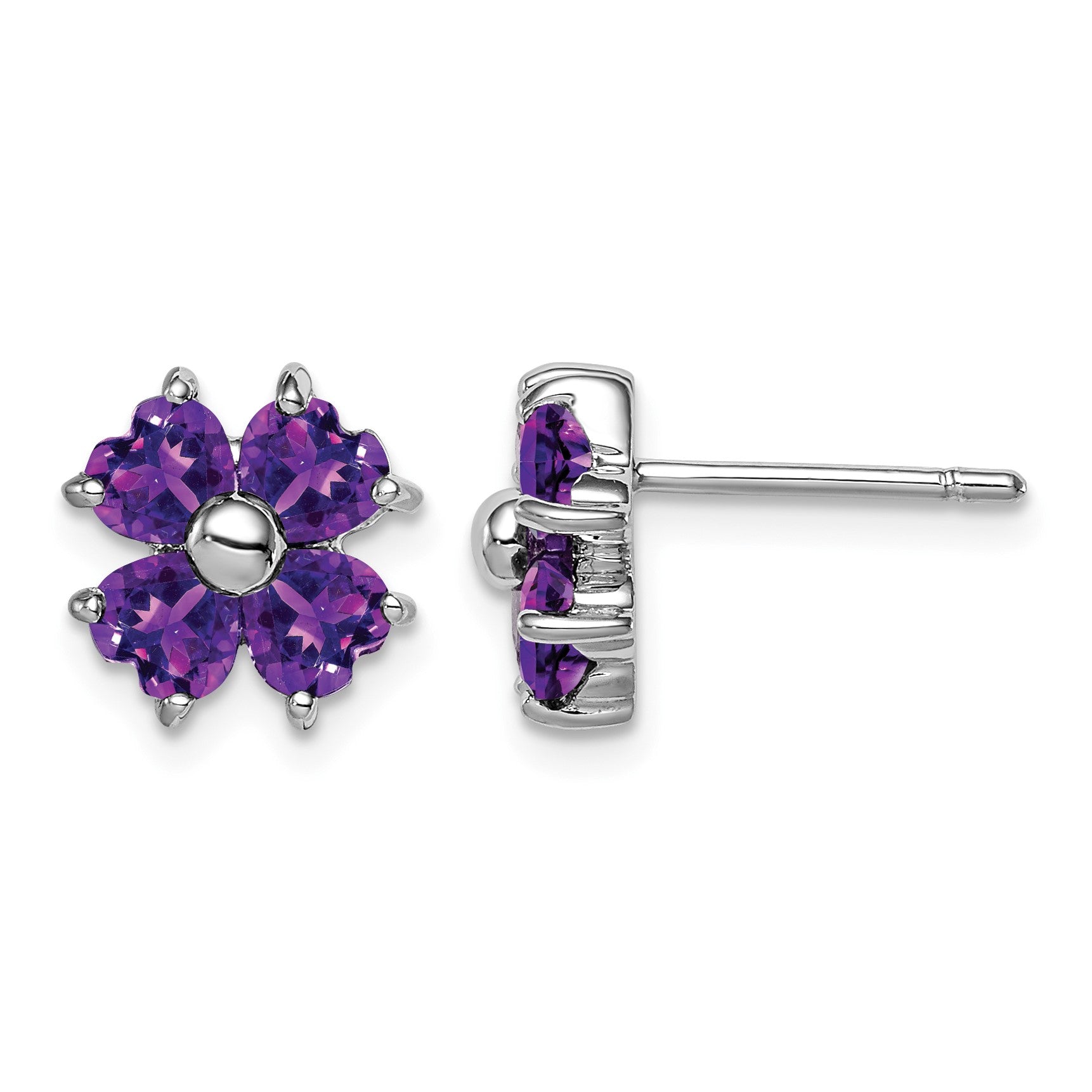 Sterling Silver Rhodium Plated Amethyst Flower Post Earrings
