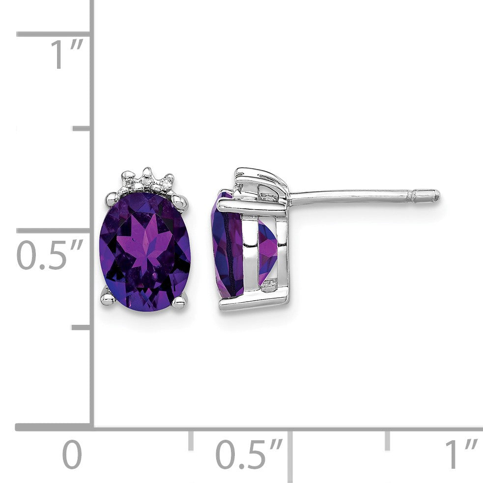 Sterling Silver Rhodium Plated Oval Amethyst and Diamond Post Earrings