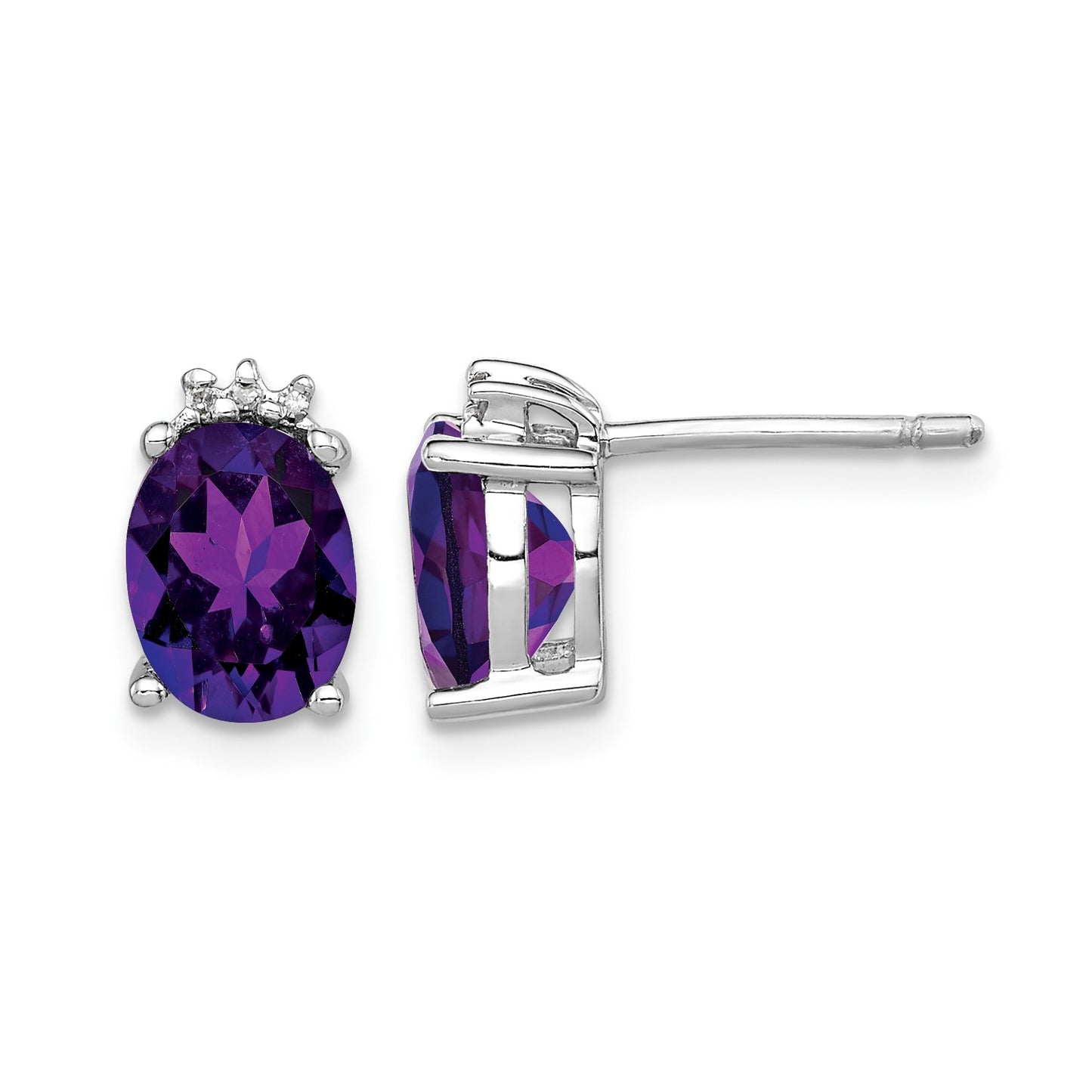 Sterling Silver Rhodium Plated Oval Amethyst and Diamond Post Earrings