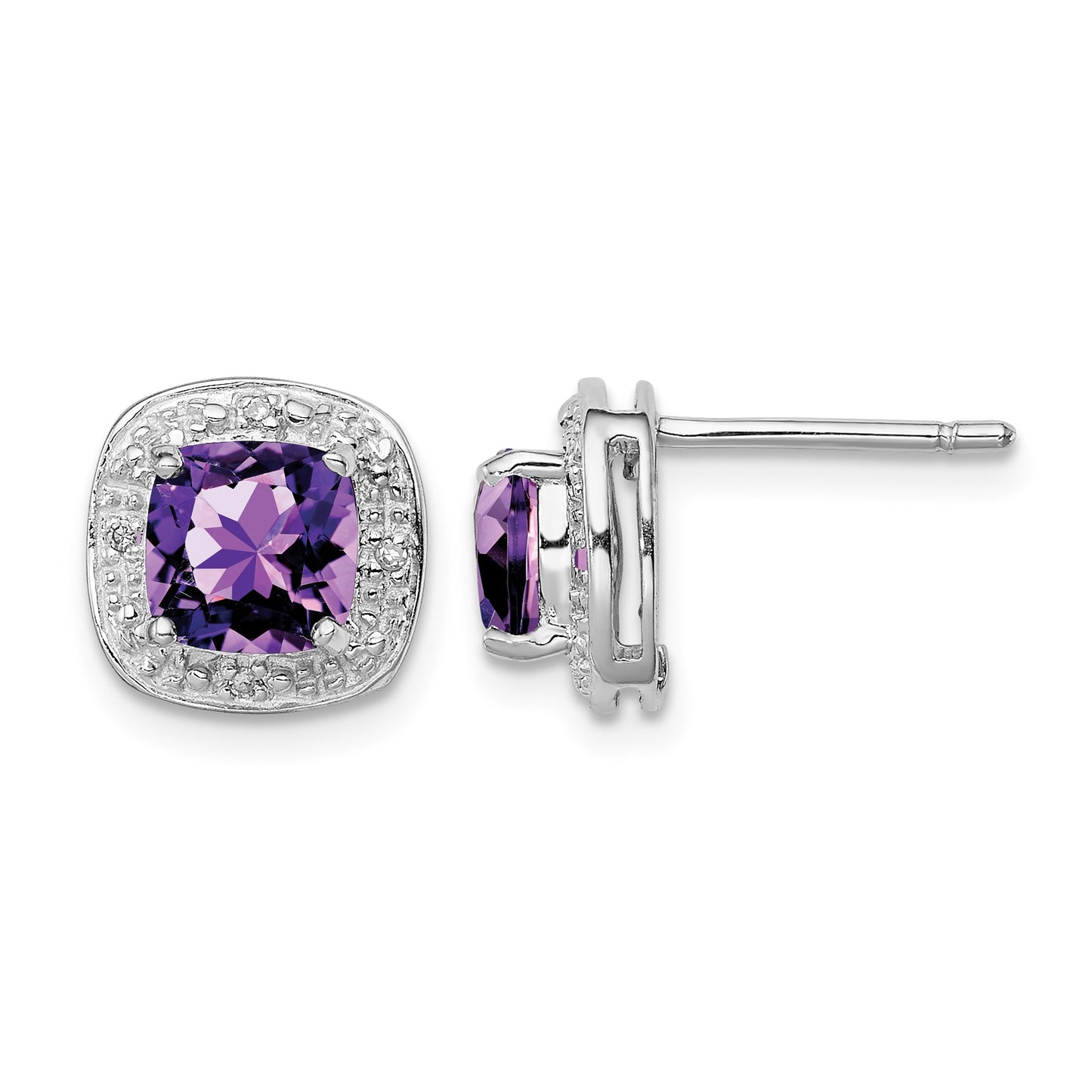 Sterling Silver Rhodium Plated Amethyst and Diamond Post Earrings