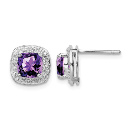 Sterling Silver Rhodium Plated Amethyst and Diamond Post Earrings
