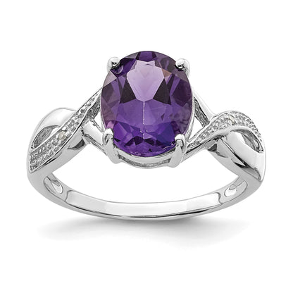 Sterling Silver Rhodium Amethyst & Diamond Ring