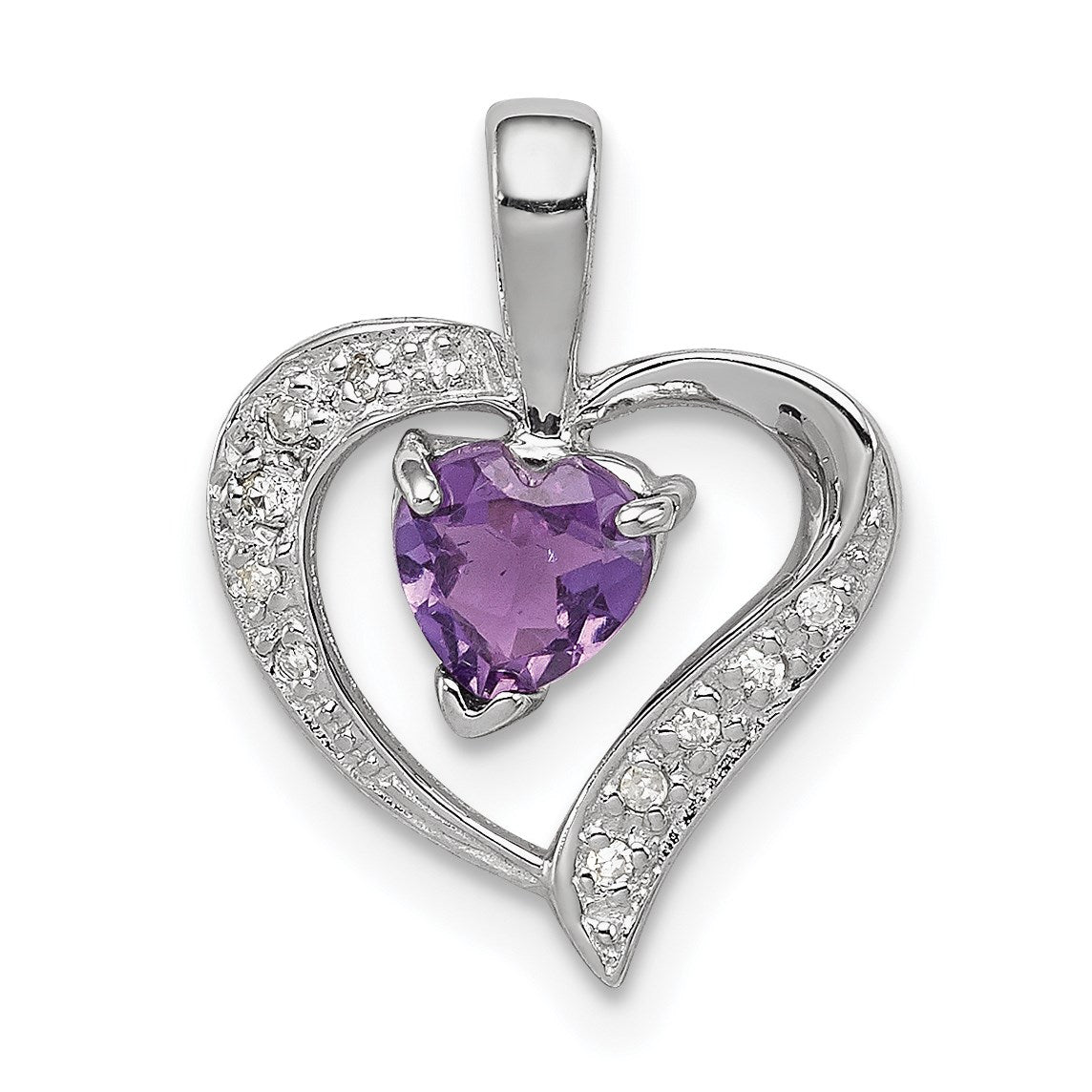 Sterling Silver Rhodium Plated Amethyst and Diamond Heart Pendant