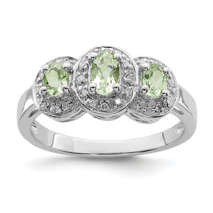 Sterling Silver Rhodium Green Quartz & Diamond Ring
