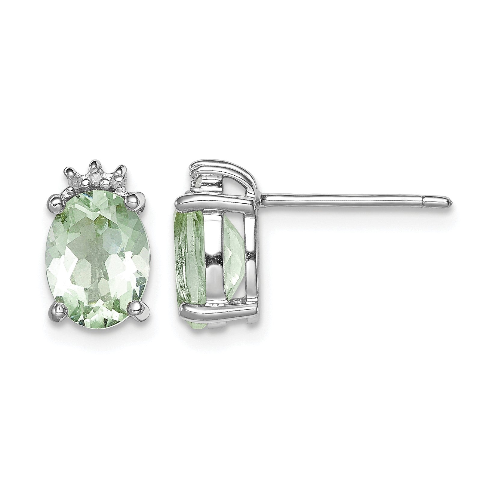 Sterling Silver Rhodium-plated Oval Green Quartz and DiamondEarrings
