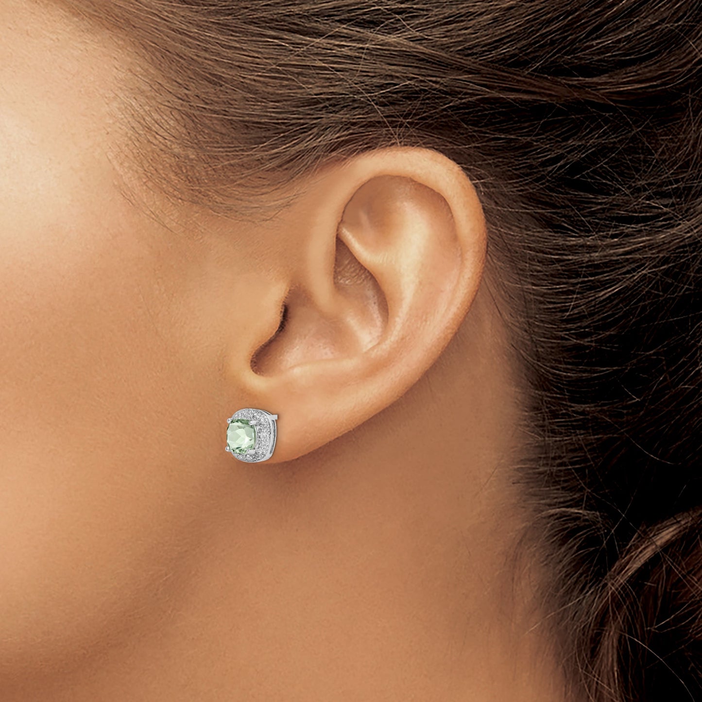 Sterling Silver Rhodium Plated Green Quartz and Diamond Earrings