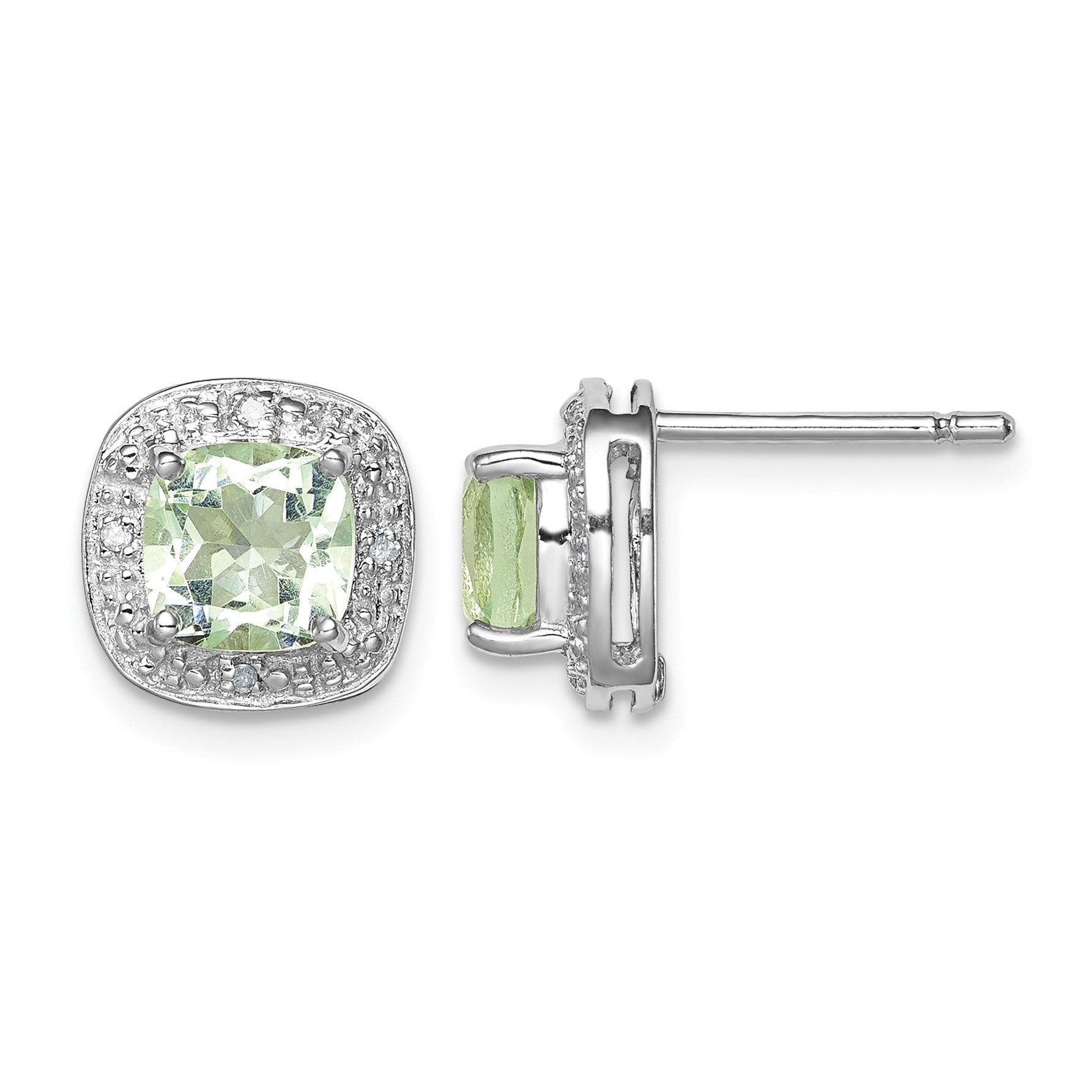Sterling Silver Rhodium Plated Green Quartz and Diamond Earrings