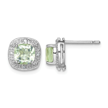 Sterling Silver Rhodium Plated Green Quartz and Diamond Earrings