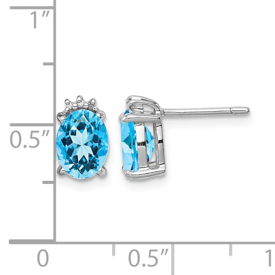 Sterling Silver Rhodium Plated Oval Blue Topaz and Diamond Post Earrings