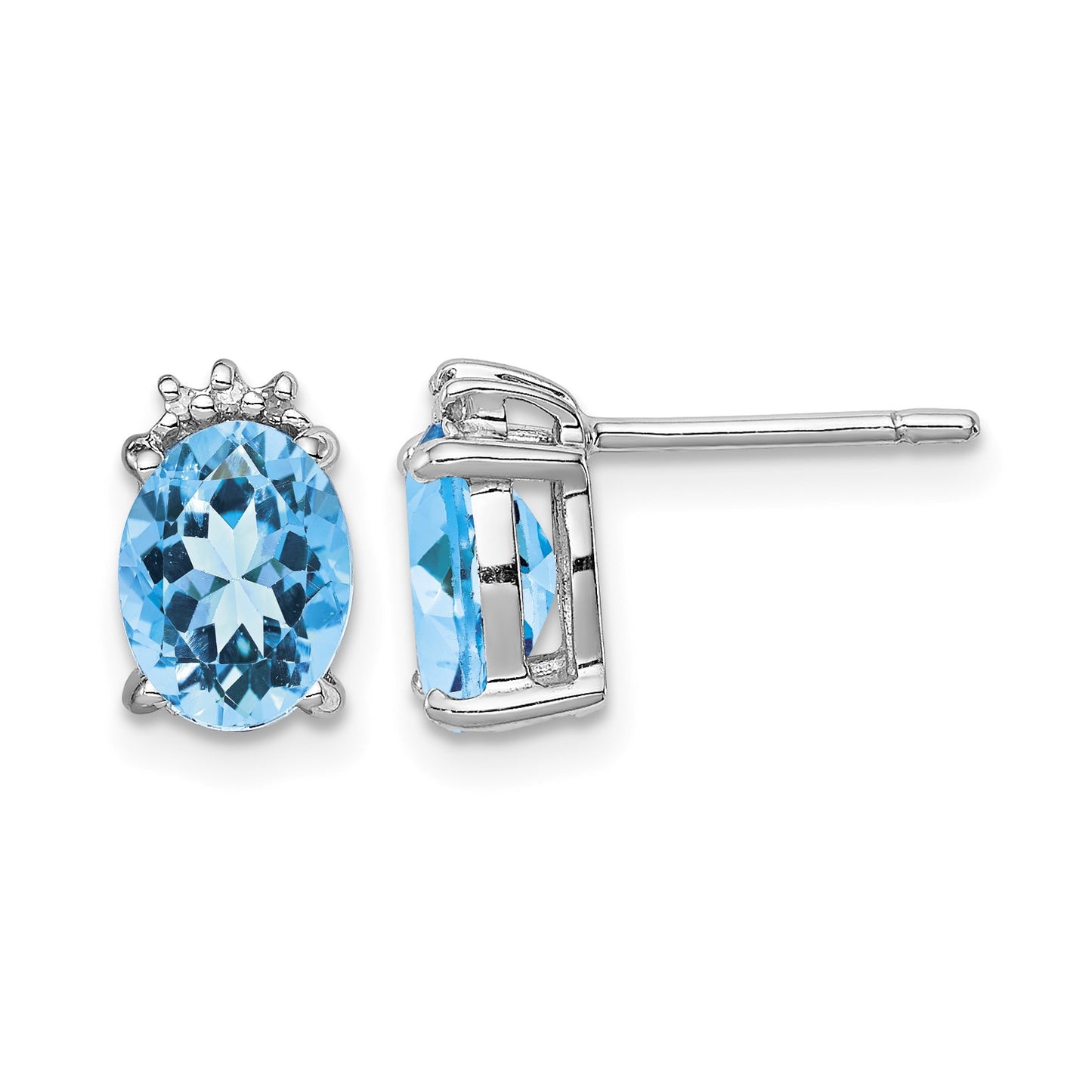 Sterling Silver Rhodium Plated Oval Blue Topaz and Diamond Post Earrings