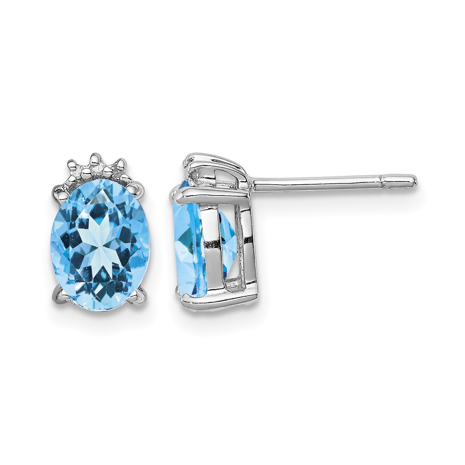 Sterling Silver Rhodium Plated Oval Blue Topaz and Diamond Post Earrings