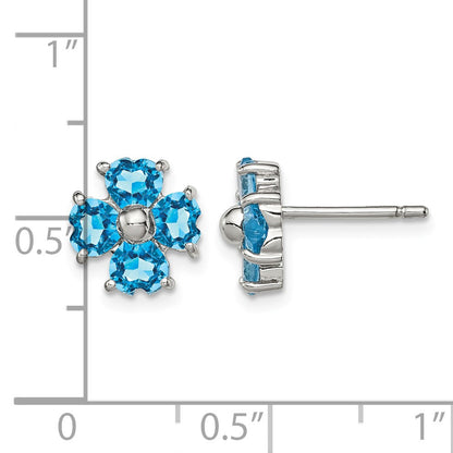Sterling Silver Rhodium Plated Blue Topaz Flower Post Earrings