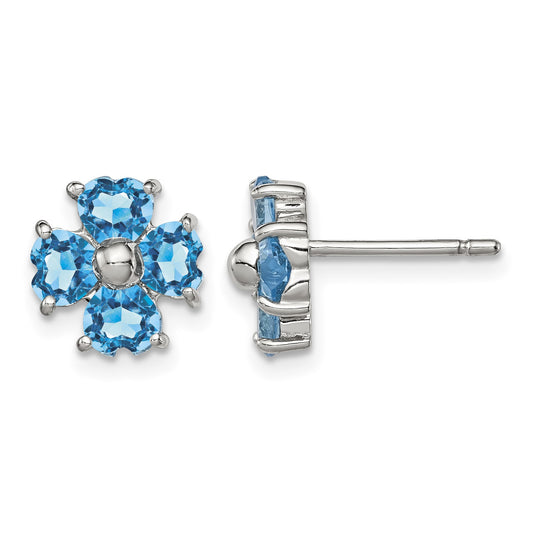 Sterling Silver Rhodium Plated Blue Topaz Flower Post Earrings
