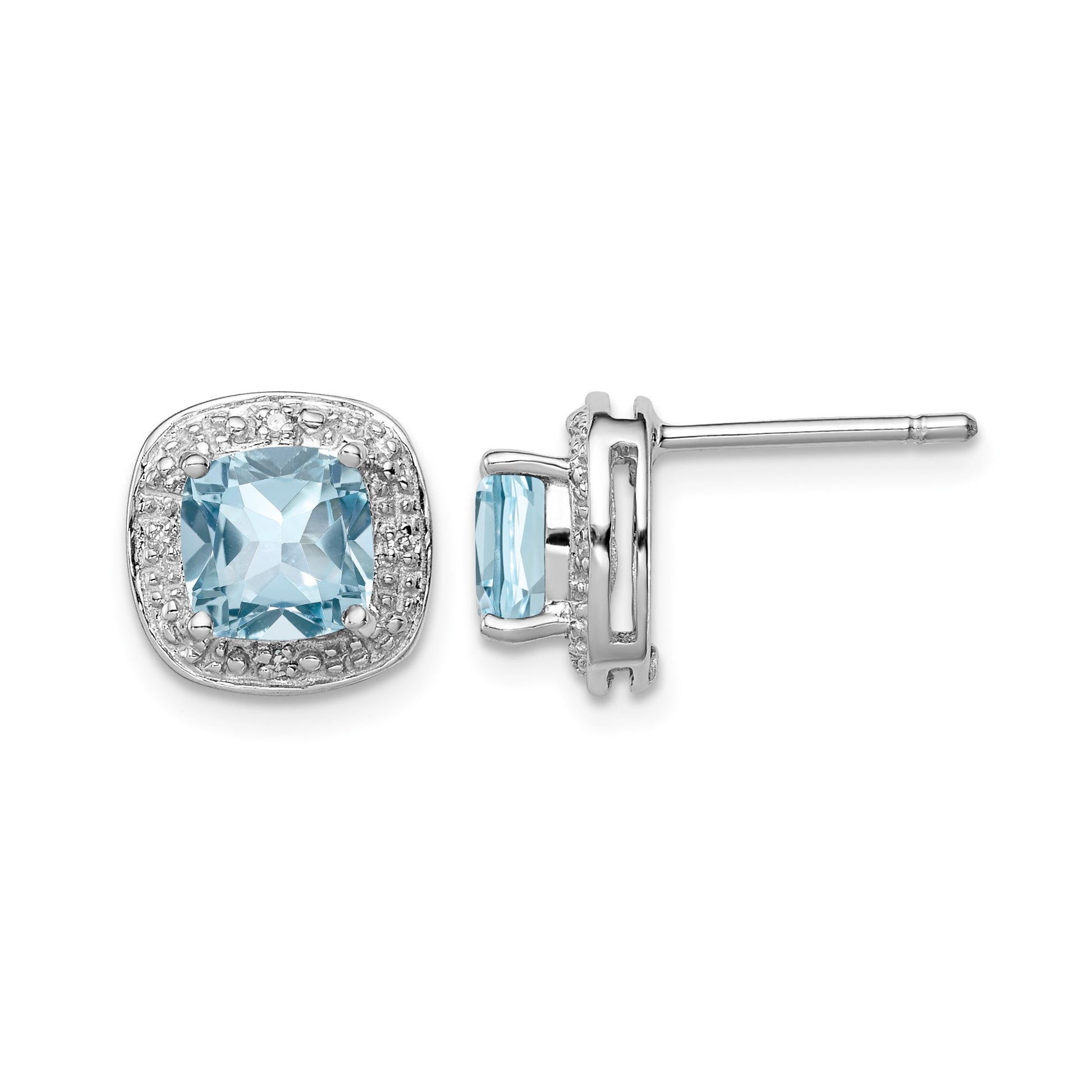 Sterling Silver Rhodium Plated Blue Topaz and Diamond Post Earrings