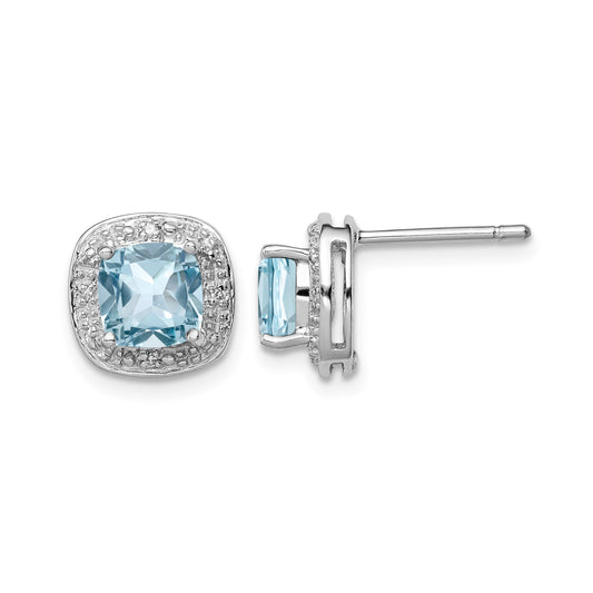 Sterling Silver Rhodium Plated Blue Topaz and Diamond Post Earrings