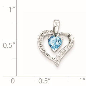 Sterling Silver Rhodium Heart Swiss Blue Topaz & Diamond Heart Pendant