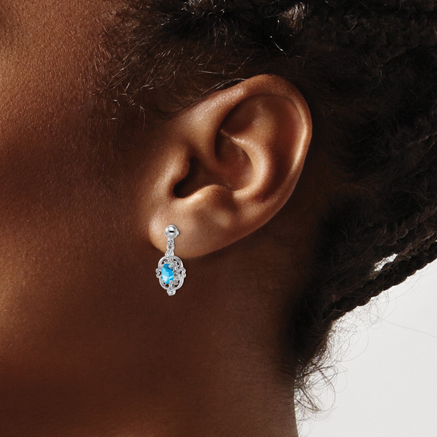 Sterling Silver Rhodium Plated Blue Topaz and Diamond Post Earrings