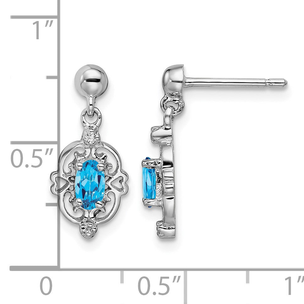 Sterling Silver Rhodium Plated Blue Topaz and Diamond Post Earrings