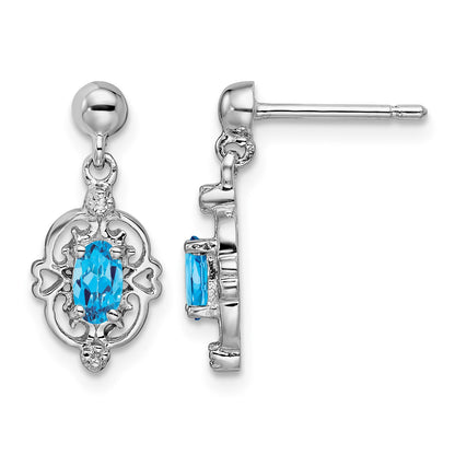 Sterling Silver Rhodium Plated Blue Topaz and Diamond Post Earrings