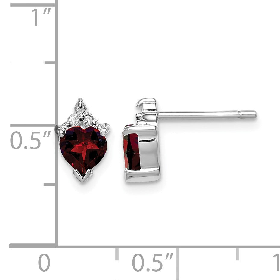 Sterling Silver Rhodium Plated Heart Garnet and Diamond Post Earrings