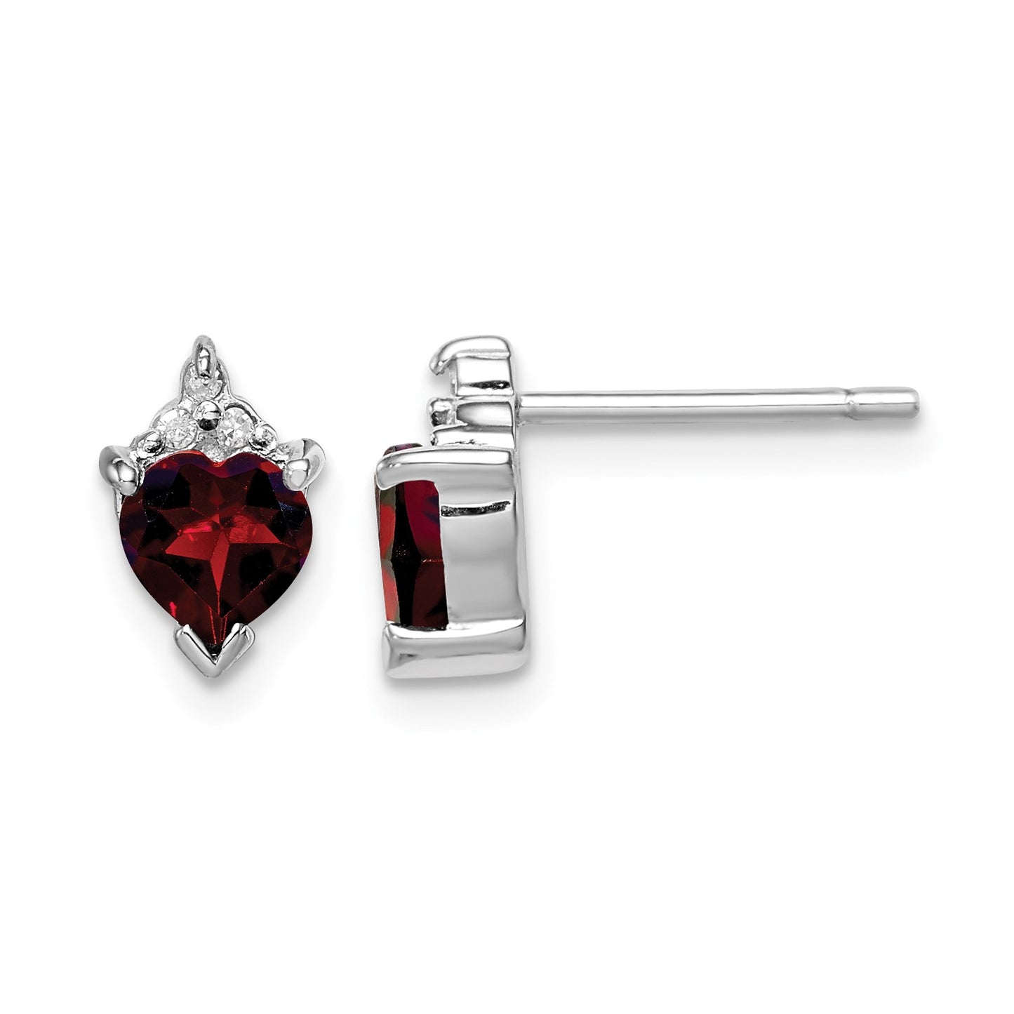 Sterling Silver Rhodium Plated Heart Garnet and Diamond Post Earrings